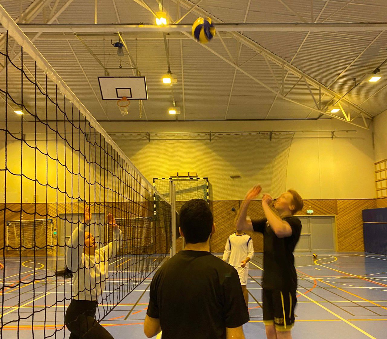 Elevar spelar volleyball. Dei står nærme nettet.